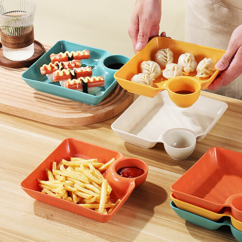 Dumpling Plate Non-slip Stackable Plastic Dipping Saucer Sushi Dish for Restaurant,Yellow