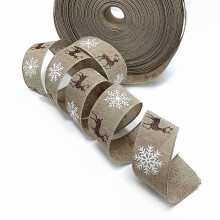 2 Yards Burlap Christmas Wired Edge Ribbons Plaid Reindeer Snowflake Printed Wired Edge Ribbons Burlap DIY Craft 2 Inch