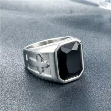 Bague unisexe en acier inoxydable avec pierre bleue synthétique et croix, style punk, cadeau idéal pour papa - Argent et noir - Taille 9