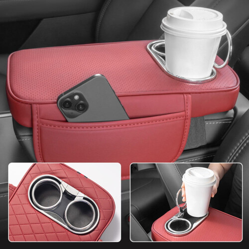 Car Armrest Cushion PU Leather Black with 2 Cup Holders and 2