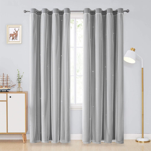Double-Layer Sheer and Blackout Curtains with Lace Star