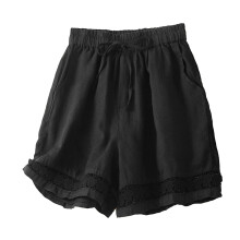 Shorts femininos de linho e algodão com cintura elástica, pretos, tamanho XL.