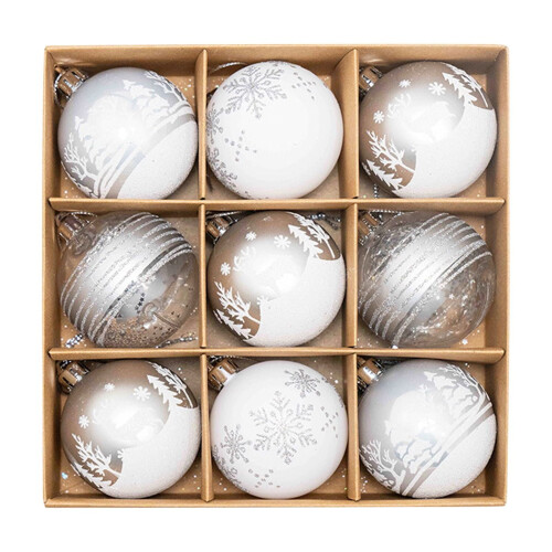 Shatterproof Christmas Ornaments Set Silver White 9 pcs