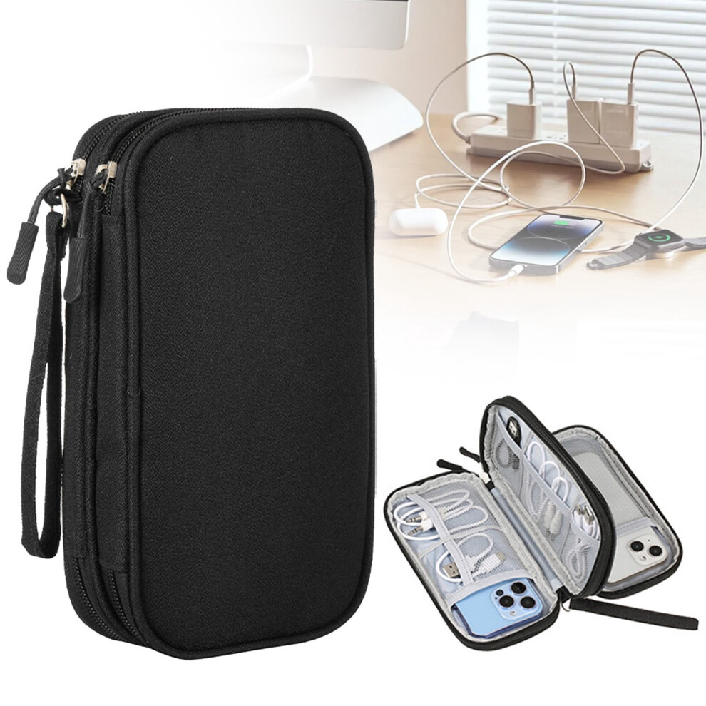 Cable Organizer Electronic Accessories Carry Case Portable Double Storage Bag For Charger Phone Earphone, Black 9152228737808