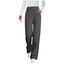 Womens High Waisted Paperbag Pants Dark Gray Wide Leg Palazzo Trousers with Pockets Stretch Casual Office Lounge,Size M