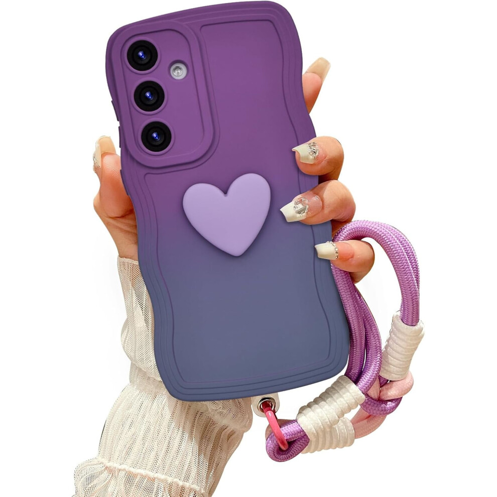 Compatible With Samsung Galaxy S24 Gradient Wavy Case With Wrist Strap, Love Heart Design, Shockproof Soft Silicone Cover For Women Â Purple/Grey 9170372330225