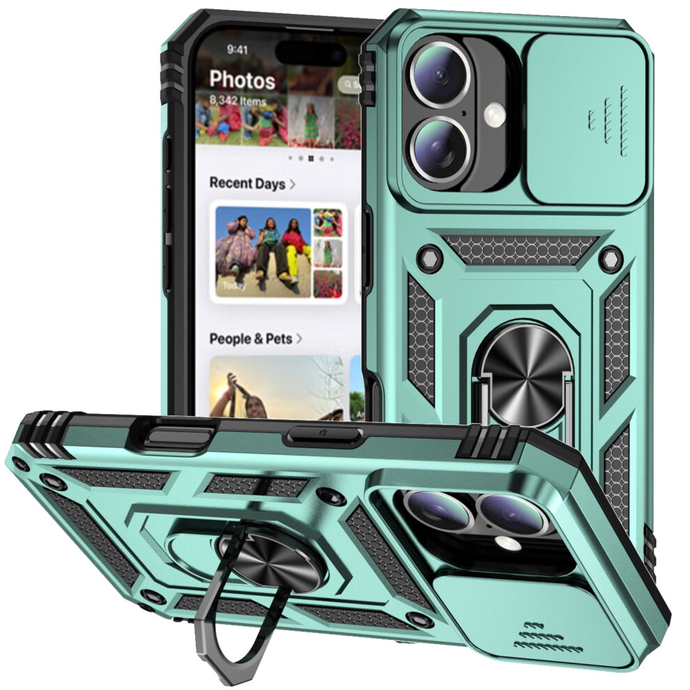 Military-Grade Iphone 16 Plus Case: Shockproof Dual-Layer With Ring Holder, Kickstand & Slide Lens Cover Â Dark Green 9170372328536