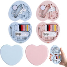 2-Pack Heart-Shaped Mini Travel Sewing Kit w/ Threads, Scissors, Needles – Beginner Emergency Repair Kit (Blue/Pink)
