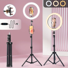 [Circle Ring Light, Desk Tripod] 10'' Dimmable Circle Selfie Ring Light - Height Adjustable Desk Tripod & Phone Holder - 15-43 Inches