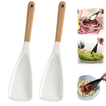 Juego de 2 cucharas de cocina antiadherentes, de silicona sin BPA con mango de madera, espátulas blancas de 30 cm para mezclar, recoger y raspar.