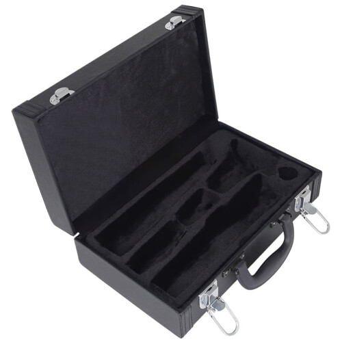 Estojo de couro para clarinete, preto, com design simples e elegante. Dimensões: 37 x 20 x 9 cm (14,5 x 8 x 3,5 polegadas).