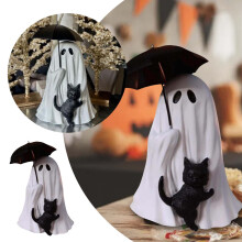 Statue de fantôme et chat avec parapluie pour Halloween 2025 – Décoration gothique mignonne pour la maison ou le bureau, compatible avec les