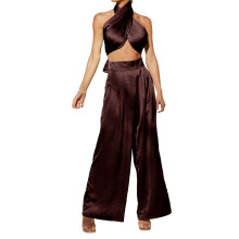Zweiteiliges Set für Damen, sexy Neckholder-Crop-Top mit gekreuztem Rücken, einfarbige High-Waist-Hose mit weitem Bein (Kaffee, S)