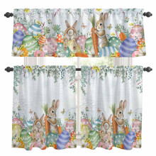 Easter Rabbit Kitchen Curtains & Valance Set, Spring Bunny Eggs Floral Blue Background, Rod Pocket, 27.5x36in, for Living Room/Bedroom/Laundry