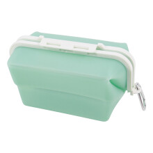 Boîte de rangement pliable en silicone pour aliments et bijoux, compatible micro-ondes, avec crochet en aluminium, coloris bleu, vert et blanc.