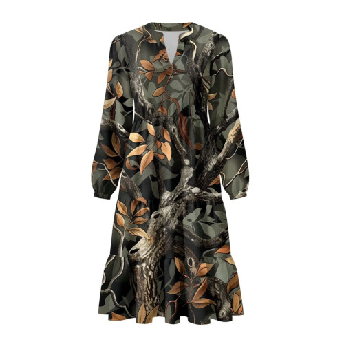 Damen-Midikleid mit Taschen, Camouflage-Blättermuster 1