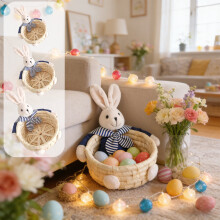 Panier en paille tressée et feuilles de maïs – Organisateur d'œufs de Pâques en forme de lapin, fait main, durable, pour la
