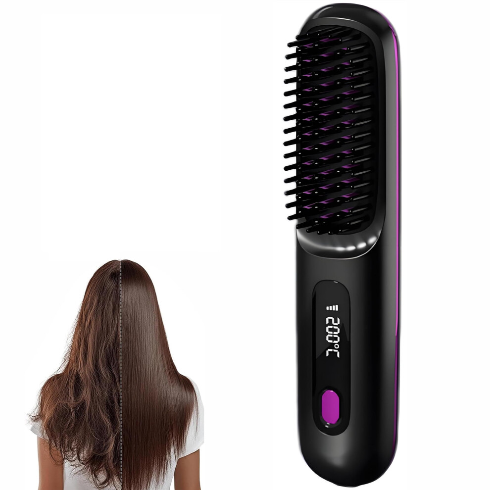 2-in-1 Cordless Hair Straightening Brush, Compact Travel-Friendly with LED Display & Anti-Scald Comb â Compatible with All Hair Types