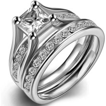 Bague de fiançailles/mariage en acier inoxydable, taille princesse, ensemble pour anniversaire, demande en mariage, alliance, halo de mariée