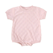Macacão infantil unissex com estampa xadrez, manga curta e gola redonda, rosa, para o verão, tamanhos 6 a 12 meses.