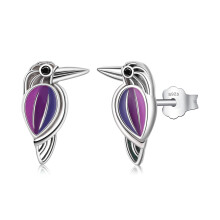 Bird Stud Earrings 925 Sterling Silver Cute CZ Woodpecker Earrings for Women Blue Purple Gradient Birds Nickel Free Piercing Earrings