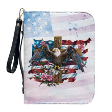 American Flag Eagle Cross Rosette PU Leather Bible Cover – Large, Detachable Wristlet Strap, Compatible with Standard/Large Bibles