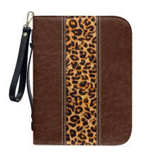 Brown Leopard PU Leather Bible Cover, Lightweight Protective Case with Detachable Wristlet Strap – 2XL, Compatible with Standard Bibles
