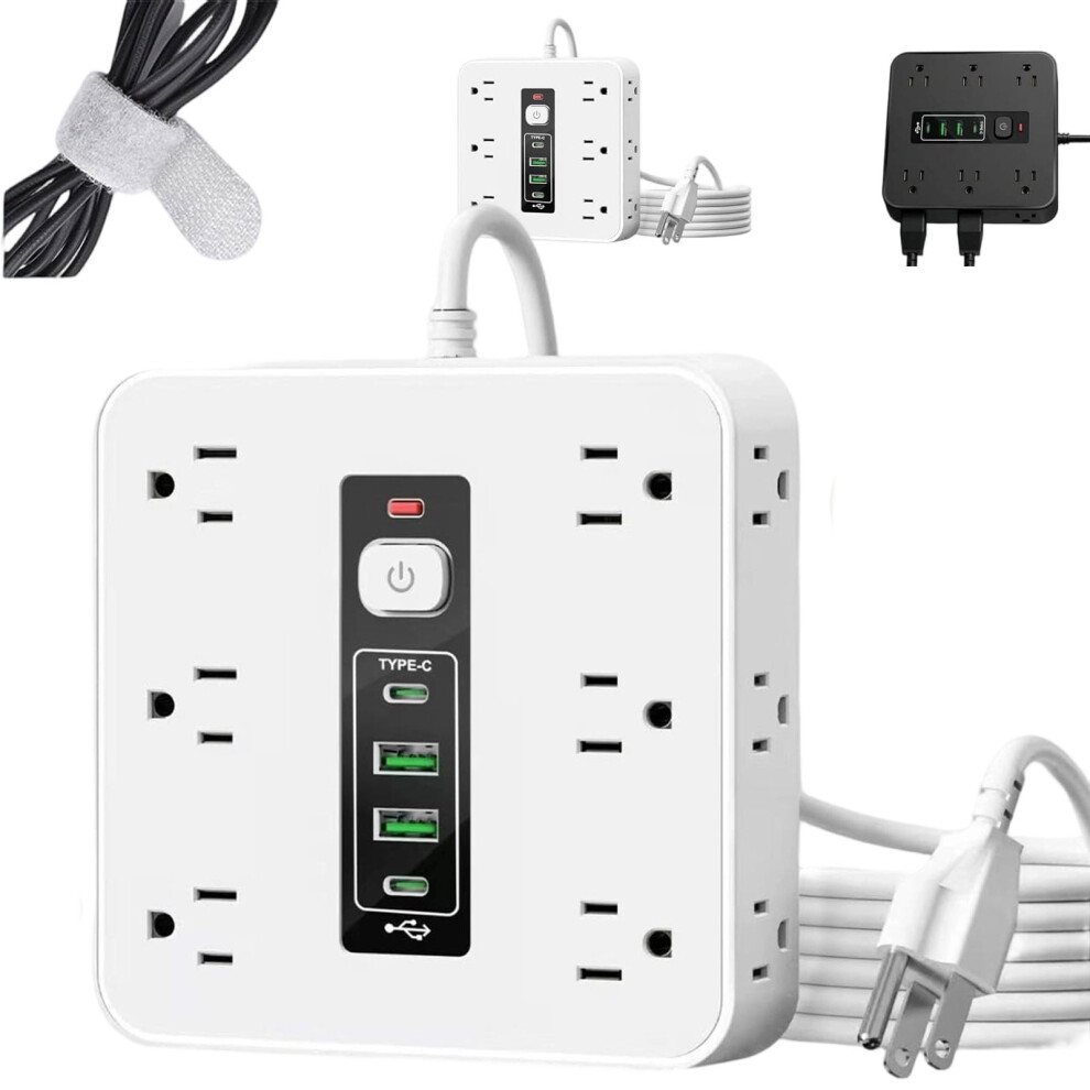 16-In-1 Power Strip With Switch & Surge Protection, Fireproof Power Strip With 12 Ac Outlets, 2 Usb-A Ports & 2 Type-C Port For Home, Office Black/White 9399596739496