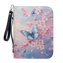 Cherry Blossom Butterfly Faux Leather Bible Case, Lightweight Protective Carrier with Detachable Wristlet Strap, Compatible with Standard Bibles