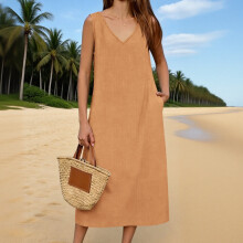Women's V-Neck A-Line Dress with Pockets Casual