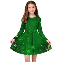 Girls St Patrick's Day Dress Long Sleeve Round Neck with Holiday Print Casual Festive Style for Ballet Practice