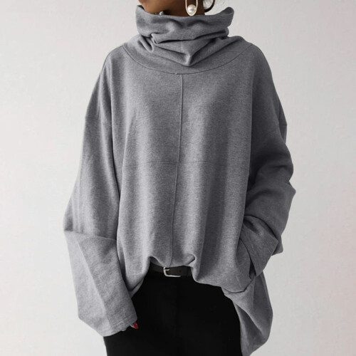 Damen-Sweatshirt mit Rollkragen und Tasche, lässig, einfarbig, Grau 2