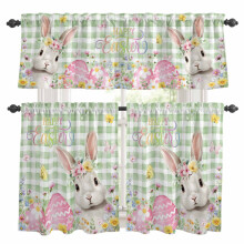 Spring Easter Kitchen Curtains & Valances Set – Rabbit, Egg, Flower, Butterfly, Green Plaid, Rod Pocket, 27.5x36in, Compatible with Standard Rods