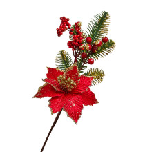 Artificial Poinsettia Floral Pick with Red Berries Pine