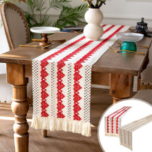 Red & White Table Runner 12x70", Valentine's, Boho, Rustic Farmhouse, Xmas, Party Decor (White Square)