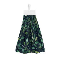 Green Leaves Hanging Kitchen Towels (2 pcs), Absorbent, Snap Button, Easy Clean, Compatible with Standard Hooks