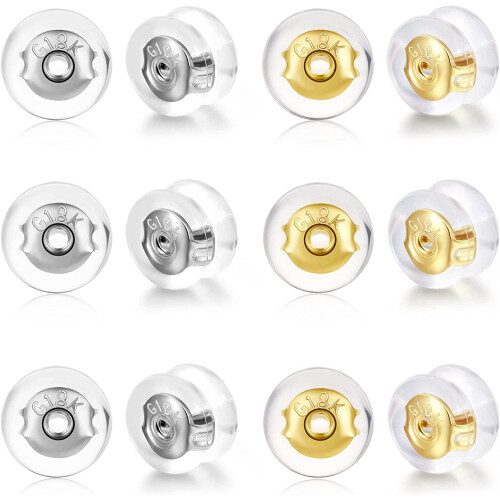 18K Gold Locking Earring Backs for Studs, Silicone Hypoallergenic Replacements Compatible with All Studs
