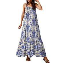 Boho maxiklänning för kvinnor – Elegant blommig sommarklänning för bröllopsgäster, halterneck-stil för strandfest, spaghettiband, rund