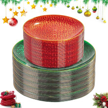 60 Pcs Christmas Plastic Plates: 30 Red Dessert + 30 Green Dinner, Clear with Gold Rim & Hammered Design