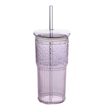 Gobelet en verre avec couvercle et paille, idéal pour les boissons chaudes et froides, motif ondulé vintage, violet, compatible lave-vaisselle