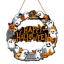 Puinen kurpitsan oviseppele Halloween-koristeita sisätiloihin