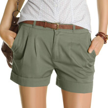 Calças femininas Shorts da moda Calças chino curtas com pregas e bolso falso Calças plus size Verde + P