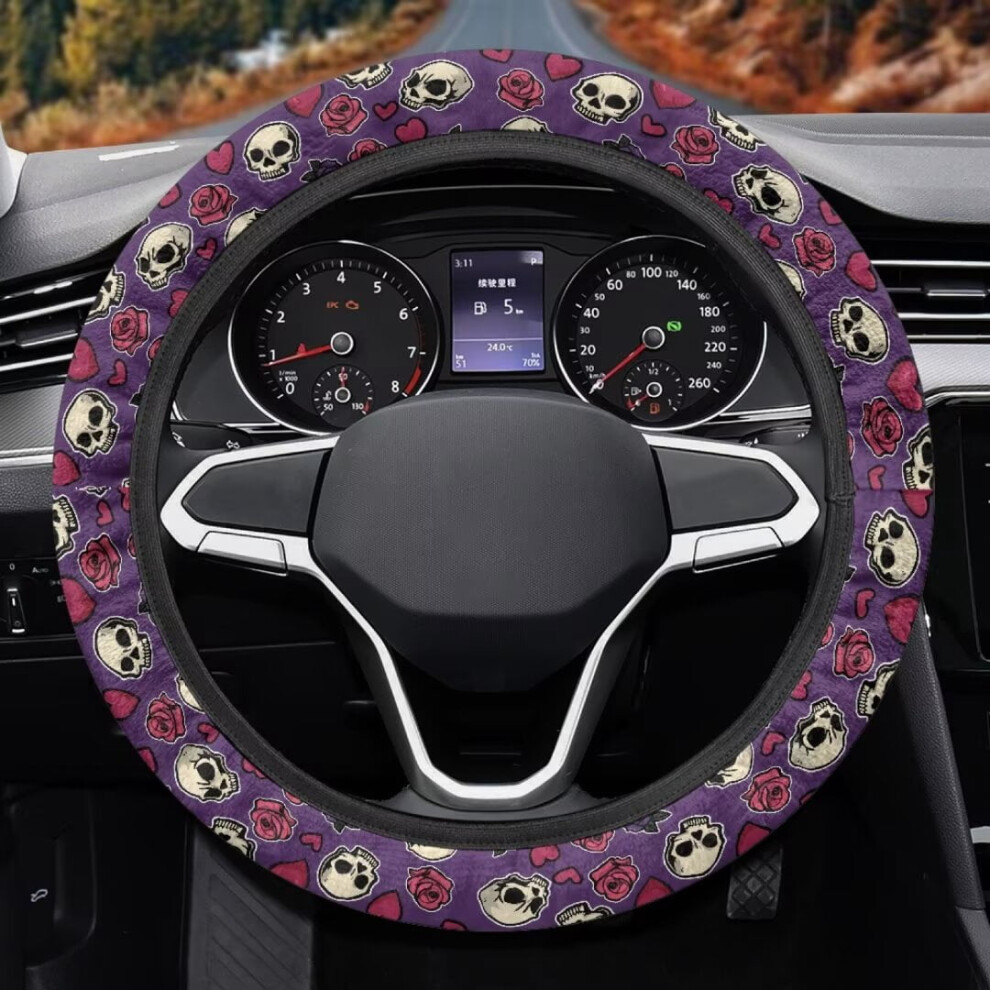 Steering Wheel Cover Skull Rose Print 15 Inch White 9087558953133