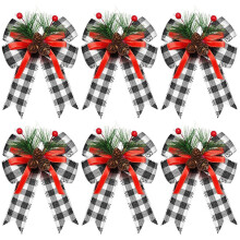 6pcs Christmas Velvet Bows with Pine Cones & Needles, Red Ribbon – Tree, Party, Indoor/Outdoor DIY Decor – Compatible with Xmas Crafts