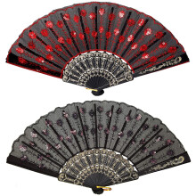 2 piezas de tela de lentejuelas, encaje plegable, abanico de mano plegable para bailarina de flamenco, decoración de vestuario de mujer de los años