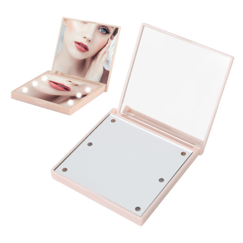 LED Travel Makeup Mirror Double Sided 2X Magnification White Light Pink