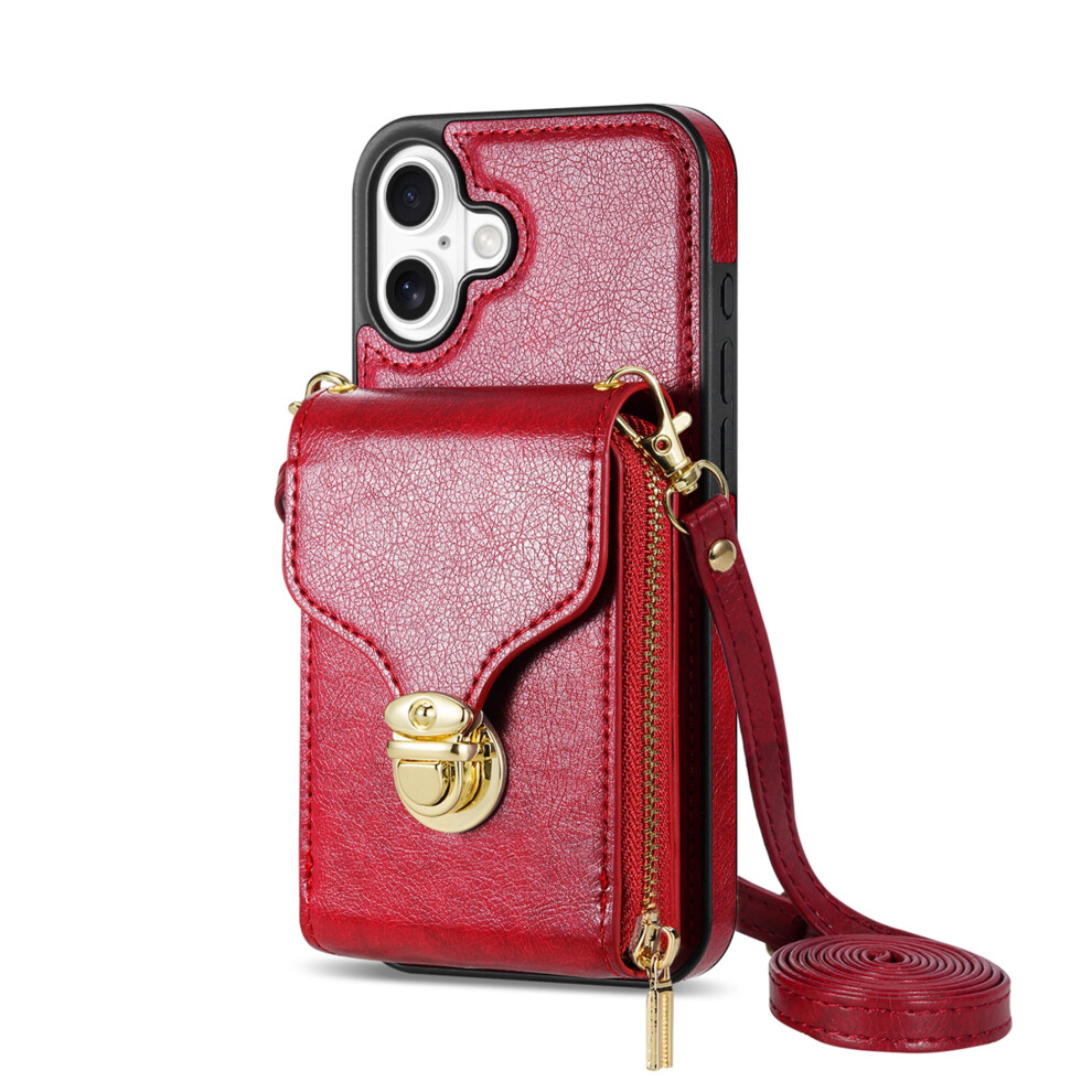 Iphone 16 Crossbody Wallet Case Â Leather Card Holder With Zipper & Shoulder Strap, Compatible With Iphone 16 (6.1") Red 9027700161818