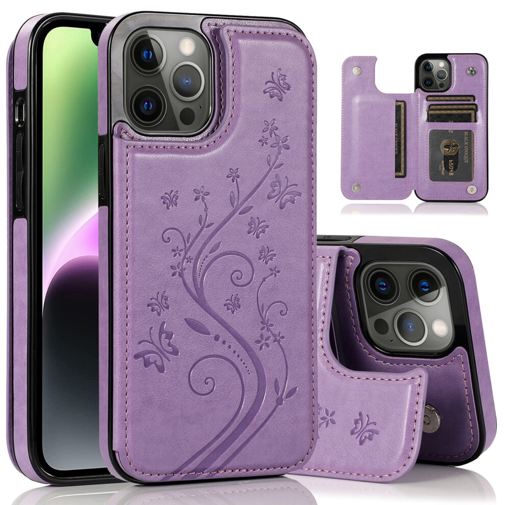 Iphone 15 Pro Case With Card Holder, Embossed Flower Magnetic Flip Wallet Case Â Shockproof Cover (6.1") Purple 9027700165489