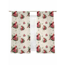 Vintage Pink Cardinals Sheer Curtains 72"L, Christmas Poinsettia Evergreen Light-Filtering Voile Drapes, 52"Wx72"L, Rod Pocket, Compatible with