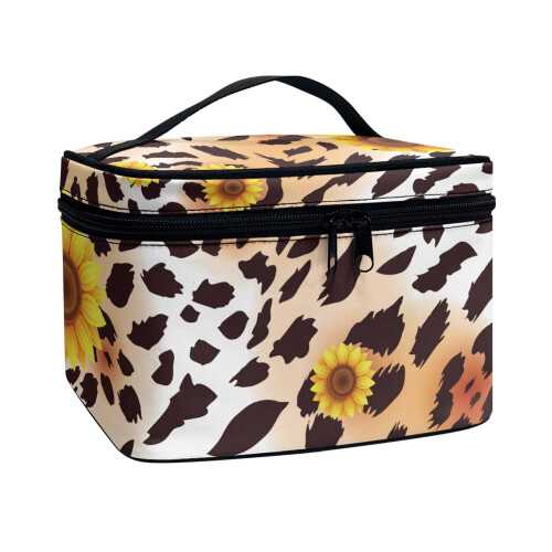 Cow Print Sunflower Makeup Brush Bag Large Capacity 1